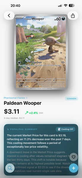 PopAlpha card page for Paldean Wooper showing its price and a short summary